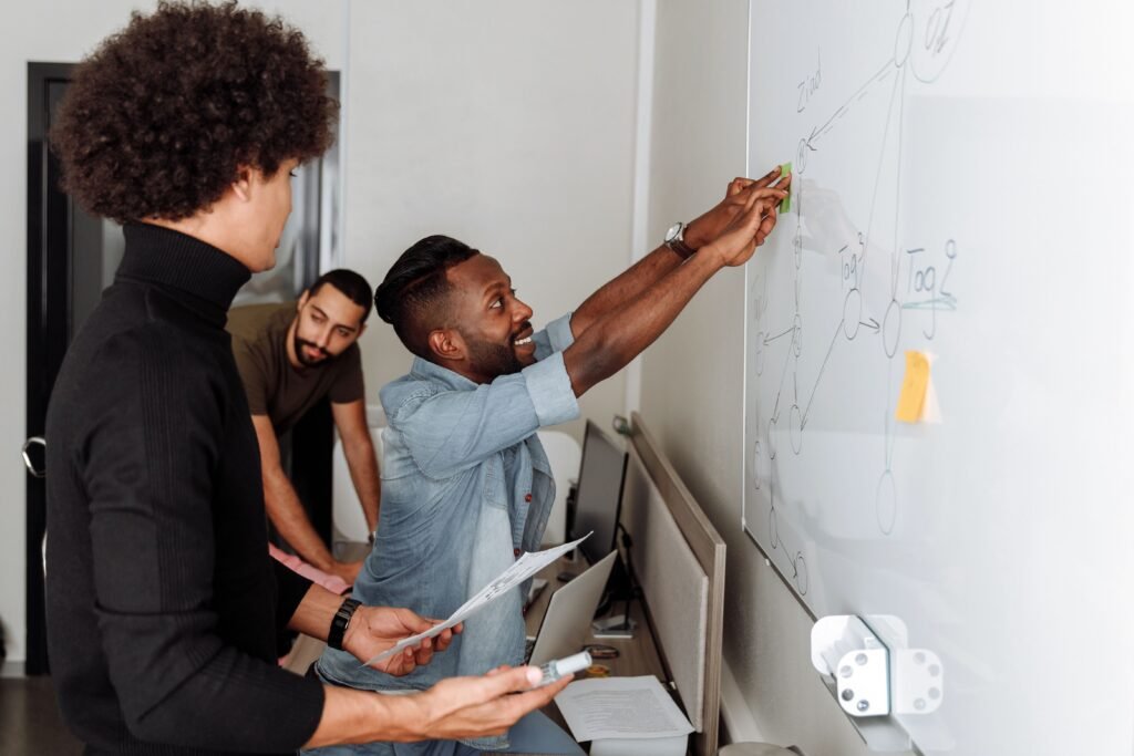 Business strategists mapping out a strategic framework at a whiteboard
