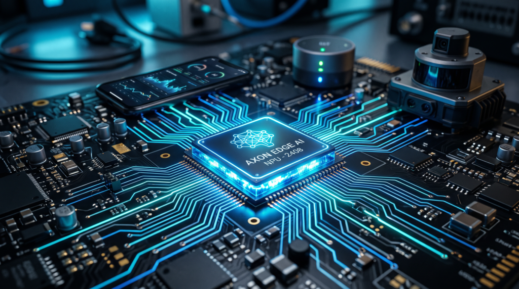 Glowing neural processing unit chip powering edge AI computing devices