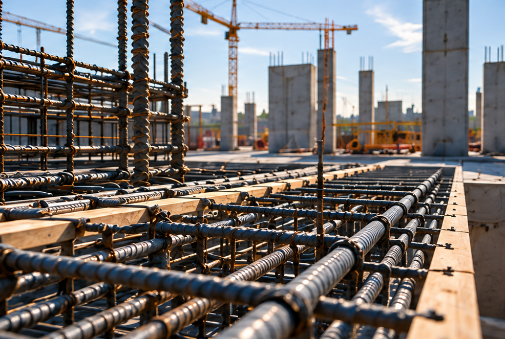 Rebar grid and concrete columns on a construction site
