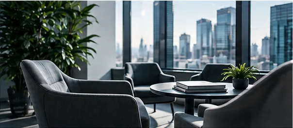 Modern lounge with armchairs and a coffee table in front of floor-to-ceiling city windows