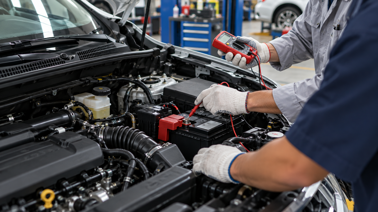 Automotive technician working on a vehicle in a service bay