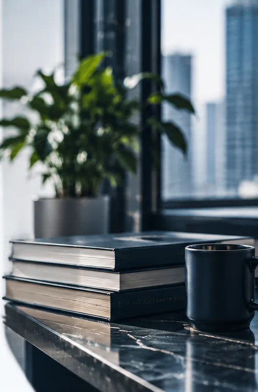 Stack of books and a dark mug on a marble ledge beside a window with a potted plant and city skyline