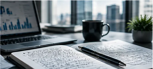 Handwritten notebook, pen and laptop showing charts on a desk with a coffee mug