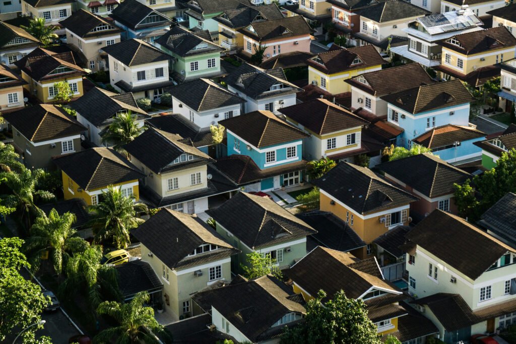 Aerial view of residential neighborhood rooftops