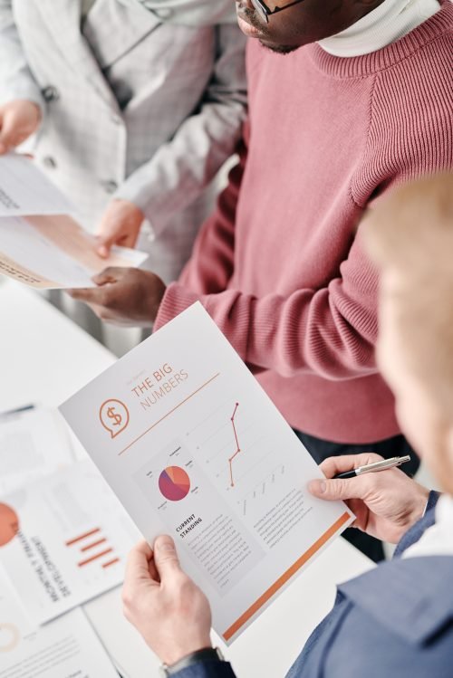 Professional group reviewing financial reports and statistics