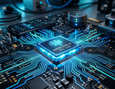 Glowing neural processing unit chip powering edge AI computing devices