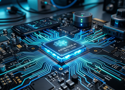 Glowing neural processing unit chip powering edge AI computing devices