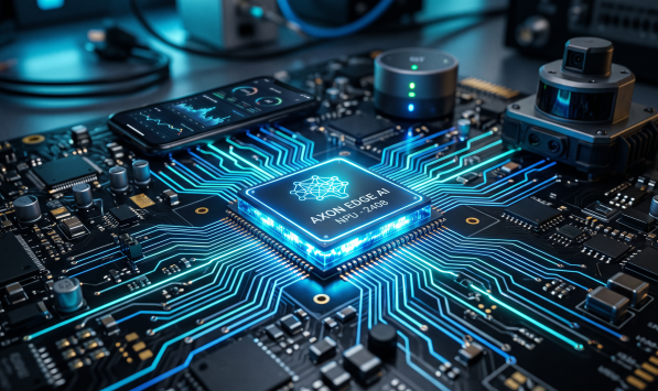 Glowing neural processing unit chip powering edge AI computing devices